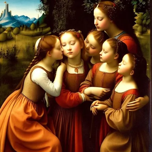 Prompt: a girl kisses another girl. the blonde girl has a beautiful pigtail, and the brown girl also has a bad pigtail. they wore formal traditional renaissance clothes of the 15th century. this whole picture is painted by leonardo da vinci.