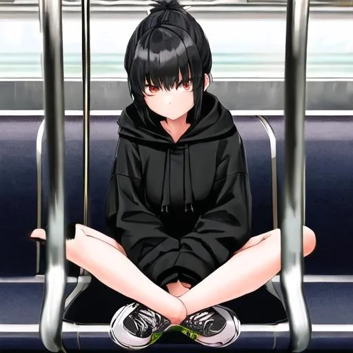 Prompt: girl with black hoodie black hair on the subway, baggy clothes, sitting on the metro, cross legged, crossed legs, looking into the camera, long shot, full body, front view, platform shoes
