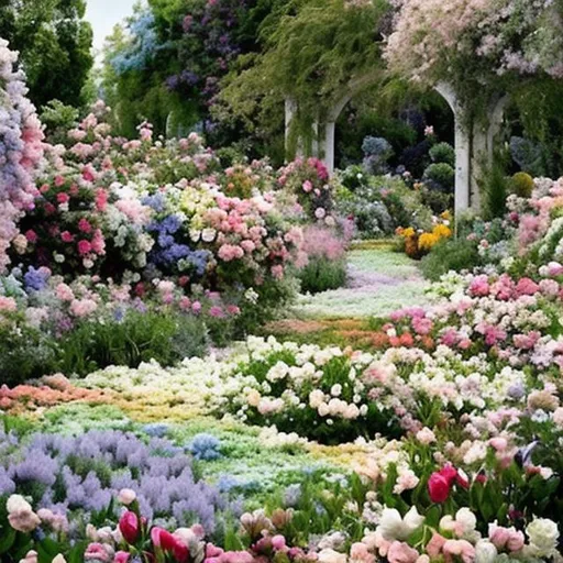 Prompt: a floral garden style similar to monet, pastel colors, lots of blooms, more sky and make it loose and femine