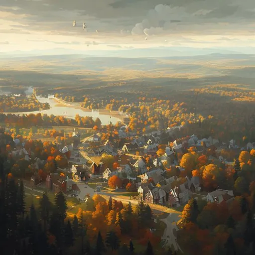 Prompt: bird's eye view of a beautiful painting of a small, sleepy New England town MAP, by greg rutkowski, trending on artstation