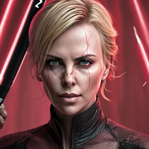 Prompt: Charlize Theron as a beautiful Sith Lord, raining, highly detailed, lines on face, red lightsaber