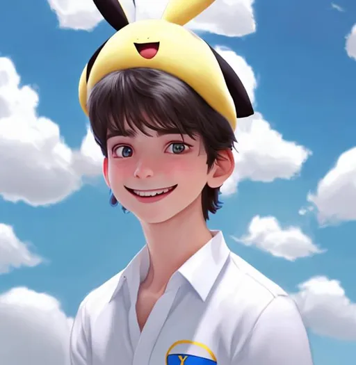 Prompt: Boy  age 20 ,hyper realism white skin with smooth black hair ,smiling with  white shirt  with dreamy eyes and blue sky background and pikachu