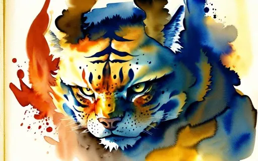 Prompt: Please create a monster manual page baking, I want a faint watercolour Big cat beast with smokey watercolour effects