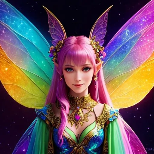 Prompt: Portrait of a tiny ageless female dungeons and dragons fairy, beautiful face, small smile, pointed ears, with large fairy wings, dressed wearing brightly colored clothing, short height, in a dark underground ancient crypt with ambient lighting from torches, perfect composition, highly detailed, intricate details, HD, fey