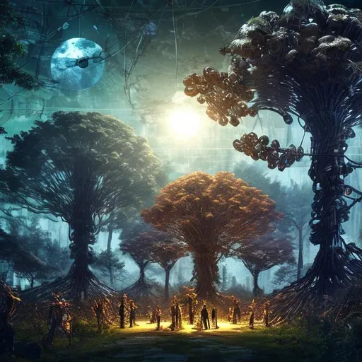 Prompt: A large maple tree, made of  metal, wires, computer chips and mechanical parts, in a forest of other mechanical trees, dark glass forest background, night sky, robots picking fruit from tree 