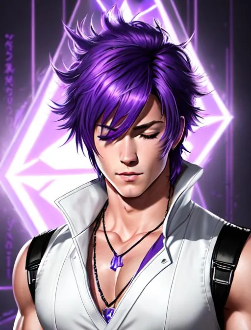 Prompt: Luke Perry, 26 years old male, purple hair cyberpunk blindfold, sleeveless, light purple hair bowl cut, eyes closed, battlefield, ethereal, white mage Artifact gear from FFXIV suit, jewelry set,handsome, royal vibe, eyes shut, highly detailed, digital painting, Trending on artstation , HD quality, tan skin,artgerm,  by Ilya Kuvshinov 