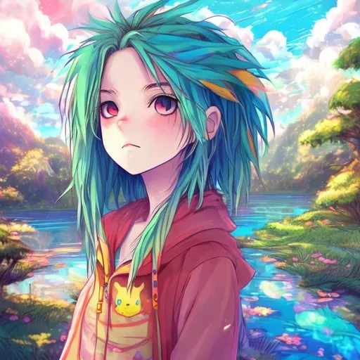 Prompt: anime style, friend on a journey, forest, sunny, lake,duck in the sky, hdr10, vivid, pink and blue hair, red and green hair, girl, blue eye ,blue lake