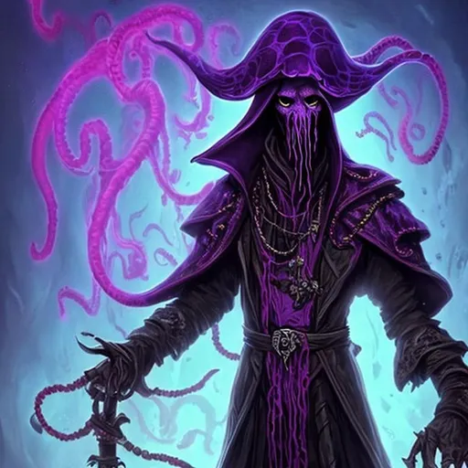 Prompt: Mind flayer pirate illithid fancy clothes glowing eyes purple