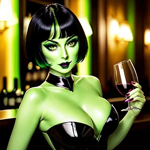 Prompt: A beautiful emerald skinned orion extraterrestrial alien lady from star trek with short black hair and green skin, black lips, green face, black fingernails, green body, green hands, green fingers, green arms, green shoulders, drinking wine, in the bar, one piece black dress , vodka in hand, drunk face, calm face, naughty eyes and lips, 8k, highres, realistic body , highly detailed face, full body, beautiful detailed, cinematic lighting, by wlop, (by Mandy Jurgens ),  trending on artstation, dark background 