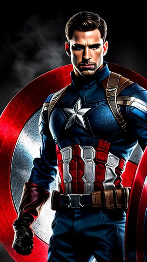 Prompt: High-resolution hyperrealistic photo of captain america steve rogers merged with the punisher frank castle, skull logo, black and crimson and grey costume, uhd, hdr, 64k