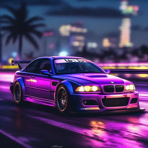 Prompt: 2001 BMW M3 E46 GTR, synthwave, aesthetic cyberpunk, miami, highway, dusk, neon lights, coastal highway, dusk, neon lights, coastal highway, sunset, drift, nurburgring, water on the road, blade runner, 64k, watercolor, macro sharp focus, 8, hyper realistic, cinematic, highly detailed, photoraelistic, clean, action scene, volumetric lighting, future synth