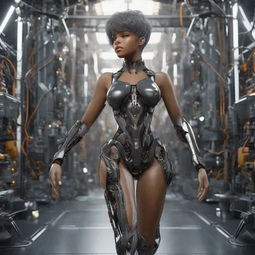 Prompt: Full body in the shot. Epic. ((Ultra-detailed depiction)). (Beautiful and aesthetic:1.2). a humanoid Gynoid ((robotic limbs)), a dark-skinned woman, with gray hair {pixie style haircut}, exposed wiring. dynamic pose, highly detailed, masterpiece. realistic proportions, correct proportions, anatomically correct hands. Sitting on an abandoned hotel roof.