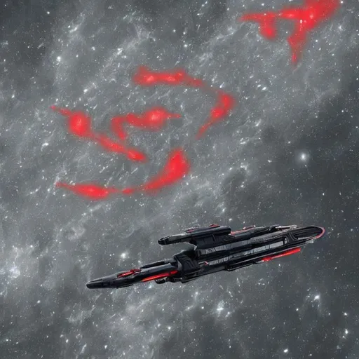 Prompt: A black ship with red accents from The Expanse with a trail coming from the Epstein Drive. In space painted few stars subtle high tech engineering 