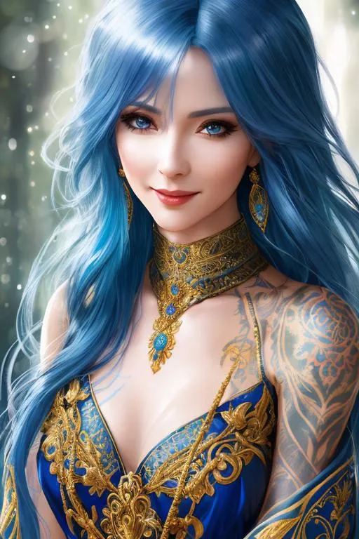 Prompt: girl in her 30s, smiling, beatiful woman, chiffon robes, royal, human, evil, blue hair, luscious hair, extremely detailed, uhd, hyperrealistic, realistic, real, intricate details, perfect composition, light rays, magical, super detailed, sharp focus, picturesque, full shot, bokeh, tribal tattoos, cinematic style