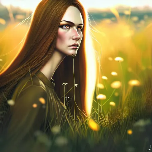 Prompt: concept art, woman in jumpsuit with long, light brown hair in meadow, dutch-angle, close-up, highly detailed, glow, bokeh, ultra realistic, digital painting, Jason Chan