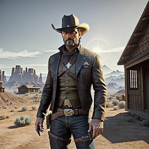 Prompt: {center shot} 3D, HD, Western, Sinister, Epic, Scary!!!!({Middle-aged}Male as Gunfighter) {facing camera}, Expansive Old West Town background, ultra-detailed, backlit, shadows, ultra-sharp focus, detail, ominous, symmetrical, golden ratio, intricate, cinematic character render, unreal engine 5, 64K --s98500