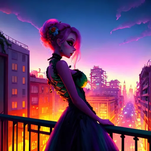 Prompt: Cute Pixar style painting of a beautiful zombie woman,  pastel green skin, apocalypse, ruined city, ruins, world on fire, on a balcony, vaporwave, midnight, muted colors, pastel, soft lighting, 4k lighting, bright light