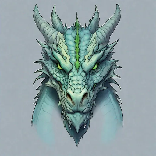 Prompt: Concept design of a dragon. Dragon head portrait. Coloring in the dragon is predominantly pale blue with subtle green streaks and details present.