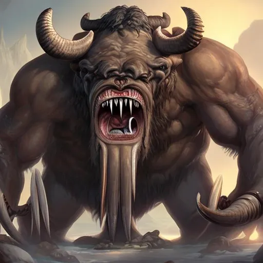 Prompt: a cyclops with 2 big tusks a wide open mouth and big horns