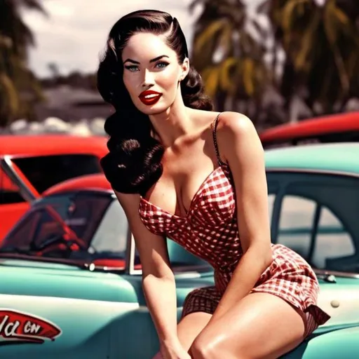 Prompt: megan fox
 as pin up models from 1950's something that might be put on the side of bomber


