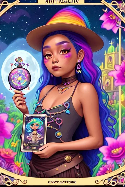 Prompt: tan skintone, mexican witch with rainbow hair, large chest, holding tarot cards, cute, flowers, aesthetic, pastel, fairycore, disney, pixar, moon, stars, witchcraft, in a starry pastel sky,  garden, sweet, dreamy, award winning illustration, artstation, highres, hyperrealistic, large eyes, celestial, sci-fi, fantasy, cottagecore