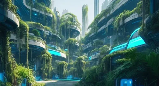 Prompt: Futuristic City Lush Green Overgrown Plants Light Blue Sky High Resolutio