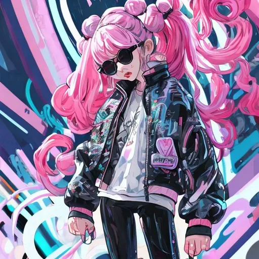 Prompt: wide standing view, full body view, cute petite 21 year old anime girl with curves, pink hair with two braided pigtails, white oval sunglasses, puffy bomber jacket, black cutoff daisy dukes, black combat boots, highly stylized artstyle, exaggerated artstyle, messy artstyle, ducati supersport, background digital painting, abstract neon tokyo background, wide view, digital illustration, extreme detail, digital art, ultra hd, retro vintage style, hd photography, hyperrealism, extreme long shot, telephoto lens, motion blur, wide angle lens, deep depth of field, warm