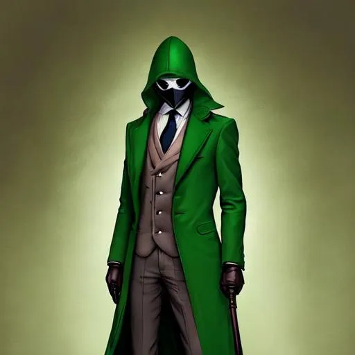 Prompt: masked man wearing long green coat, face hidden underneath green mask, stylish cane in his right hand, brown gloves covering his fingers, high-tech suit of green armor