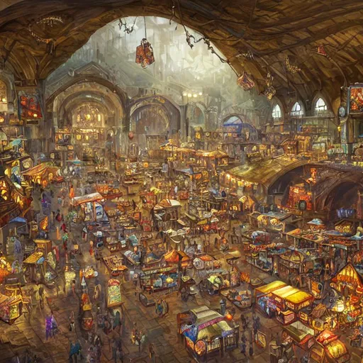 Prompt: large, cavernous hall as large as a town with a fantasy bazaar, with stalls, food stands, and taverns, cinematic composition, detailed, concept art, Matt painting, oil painting, high res, bird view
