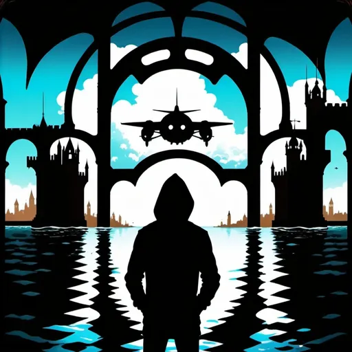 Prompt: From Inside the castle you can see the entire city. Half under water half above. The buildings are ancient Victorian tesla powered. Zechariah now a man in the black hoody off to a flying steampunk Airboats training facility for the mermaid Airboatforce