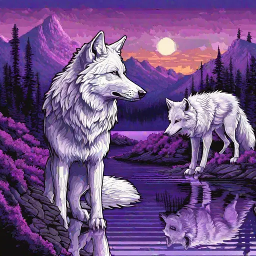 Prompt: pixel art, 32-bit, beautiful {white wolf}, with {silver eyes}, looking at viewer, staring through fourth wall, layers of purple mountain silhouettes, twilight, highly detailed, thin black outline, fantasy magical lake, beautifully detailed shading, high detailed eyes