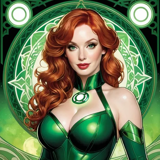 Prompt: Christina Hendricks as Green Lantern by Alphonse Mucha 