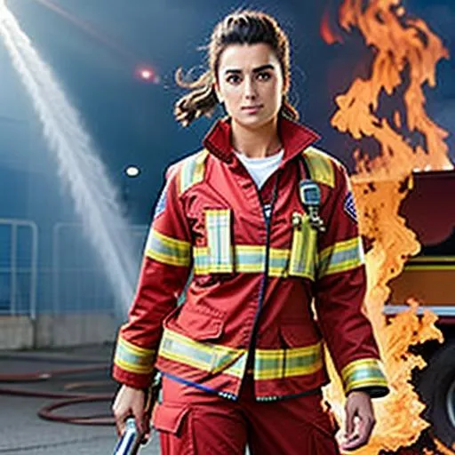 Prompt: Full body Cote de Pablo as super hot fire fighter open unbuttoned 