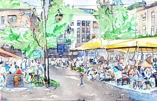 Prompt: A row of breweries in portland oregon with a few people milling about, a beer garden, done hip watercolour