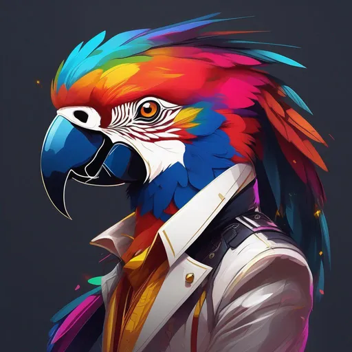 Prompt: A vibrantly colored anthro parrot, cyberpunk, concept art, sorcerer, 