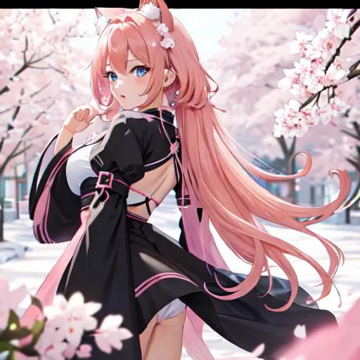 Prompt: Sakura, 8k, UHD,  highly detailed, pink hair, blue eyes, cat ears, wearing a black revealing dress