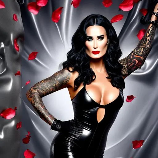 Prompt: DEMI MOORE, David LaChapelle STYLE, Full body pinup of attractive vampire woman, tattoo, blACK hair, silver outfit