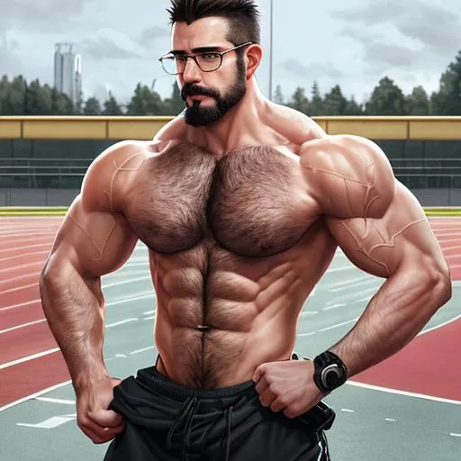 Prompt: beautiful adult muscular guy, hairy chest, pubic hair, wearing clear glasses, facial hair, military crew cut, in tight outfit, outside on track field, ((slim, muscular)), photorealistic, photo, masterpiece, realistic, realism, photorealism, high contrast, photorealistic digital art trending on Artstation 8k HD high definition detailed realistic, detailed, skin texture, hyper detailed, realistic skin texture, armature, best quality, ultra high res, (photorealistic:1.4),, high resolution, detailed, raw photo, sharp re, by lee jeffries nikon d850 film stock photograph 4 kodak portra 400 camera f1.6 lens rich colors hyper realistic lifelike texture dramatic lighting unrealengine trending on artstation cinestill 800,