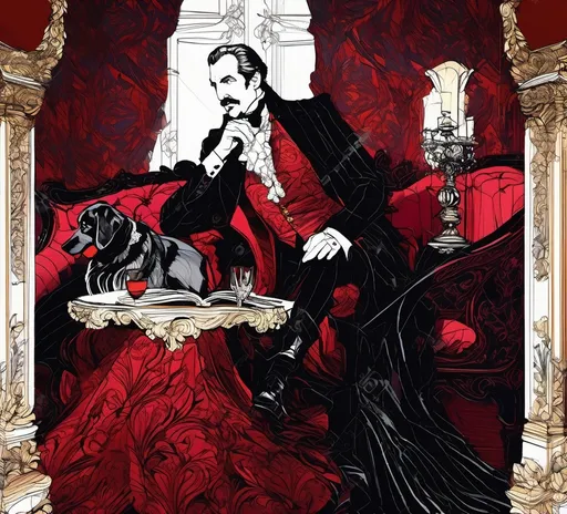 Prompt: (Vincent Price conversing with Count Dracula), Black and White pen and ink sketch style, dark color scheme, elegantly gothic attire, intricate details, dim lighting, dramatic shadows, opulent background, luxurious textures, ornate furniture, deep reds and blacks, baroque patterns, solemn atmosphere, rich color tones, dark romanticism, ultra-detailed, 4K, photorealistic masterpiece, timeless elegance.