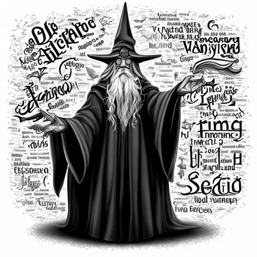 Prompt: Black and white mysterious wizard with wizard words underline
