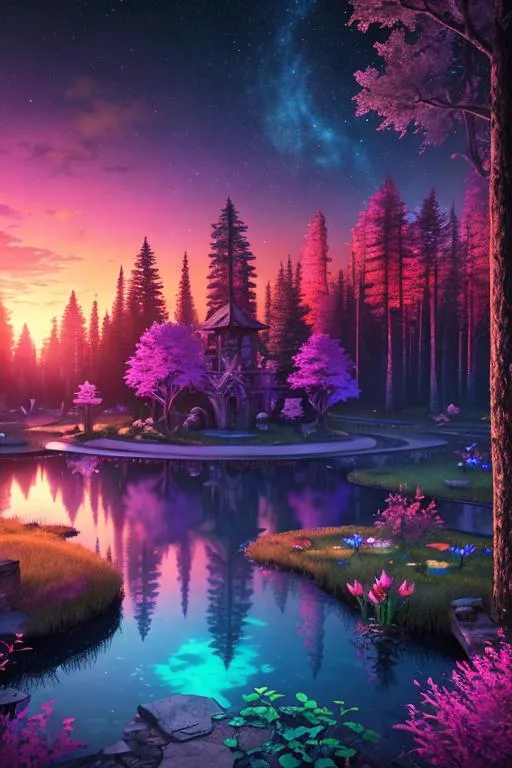 Prompt: A colorful forest of secrets with a galactic pond with retrowave ruins in the background, 64k, highest resolution, vivid colors, best detail, highest detail, sunset, highest possible detail, unreal engine,