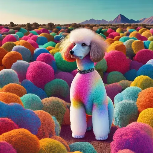 Prompt: portrait of a poodle standing outside in a landscape, arthouse style, drone view, colorful