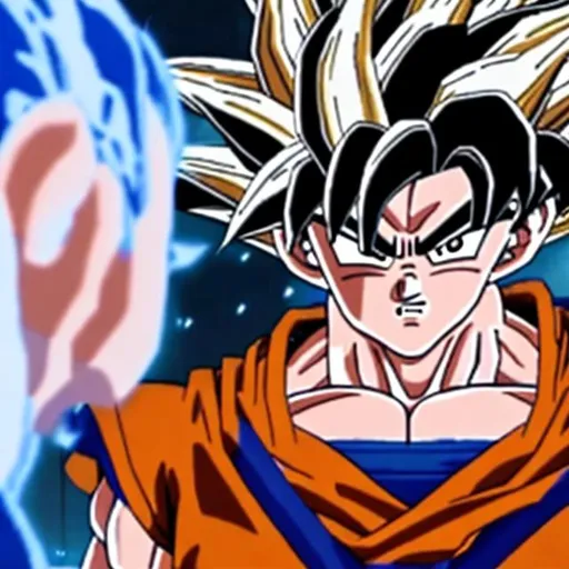 Prompt: Close-up of goku looking in a mirror with focus