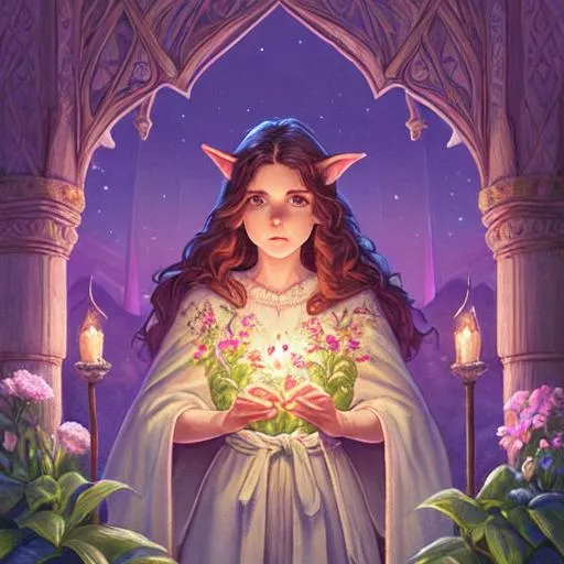 Prompt: Panned out. Very detailed realistic painting.
very short fantasy healer gnome female. Beautiful pensive face, short-pointy ears
Beautiful brown eyes, brown hair. flowing long intricate embroidered pastel robe and cape
Full body illustration
Single white-radiating Staff 
detailed  and calm background building with plants. glowing