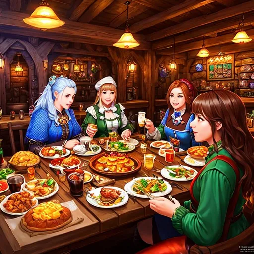 Prompt: cover art , fantasy tavern table full of fantasy food, art station, illustration, highly detailed, hyperrealistic, detailed faces, 4k 