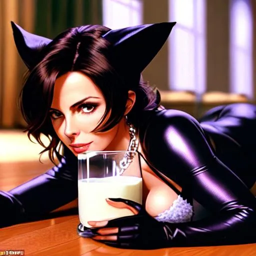 Prompt: Catwoman laying on the floor to drink milk, played by Kate Beckinsale