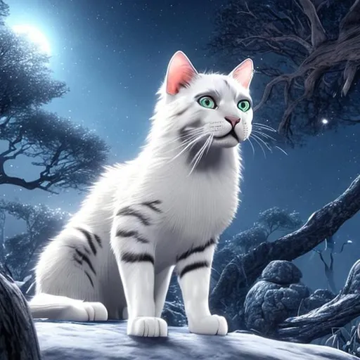 Prompt: A pure white cat with black stripes down his side and a black tail growling at a grey cat with sparkly blue eyes in a shadowy forest with a clear night blue sky above