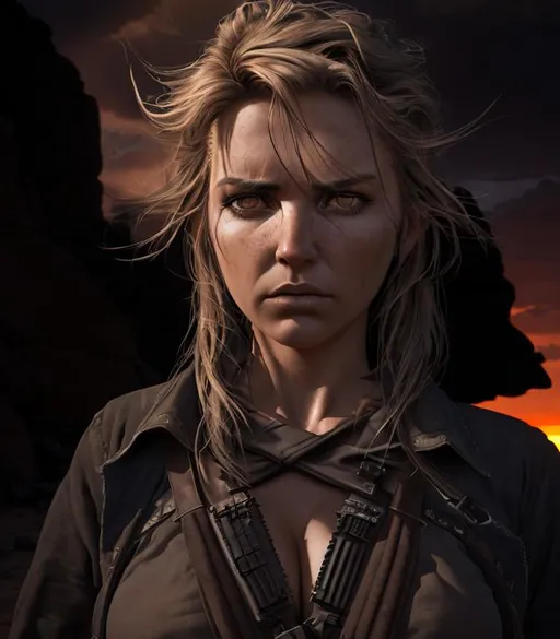 Prompt: Brooding, tense, foreboding 3D HD dramatic cinematic lighting [({one}Female as a dusty beautiful {Western}Gunfighter)], expansive Arizona desert background, sunset hyper realistic, 8K --s98500