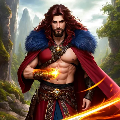 Prompt: Fantasy style, a hyper realistic detailed image of combative druid, male elf, brown goatee, spellsword, looking straight ahead, body facing camera, camera top third of image, perfect composition, super detailed, sharp focus HDR, UDR, 120k, red and black robes, fur collar, long straight windblown shiny brown hair, radient blue eyes, in a mountain forest fantasy background, exposed midriff, muscular 