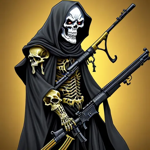 Prompt: Detailed grim reaper with a rifle. black and gold colors